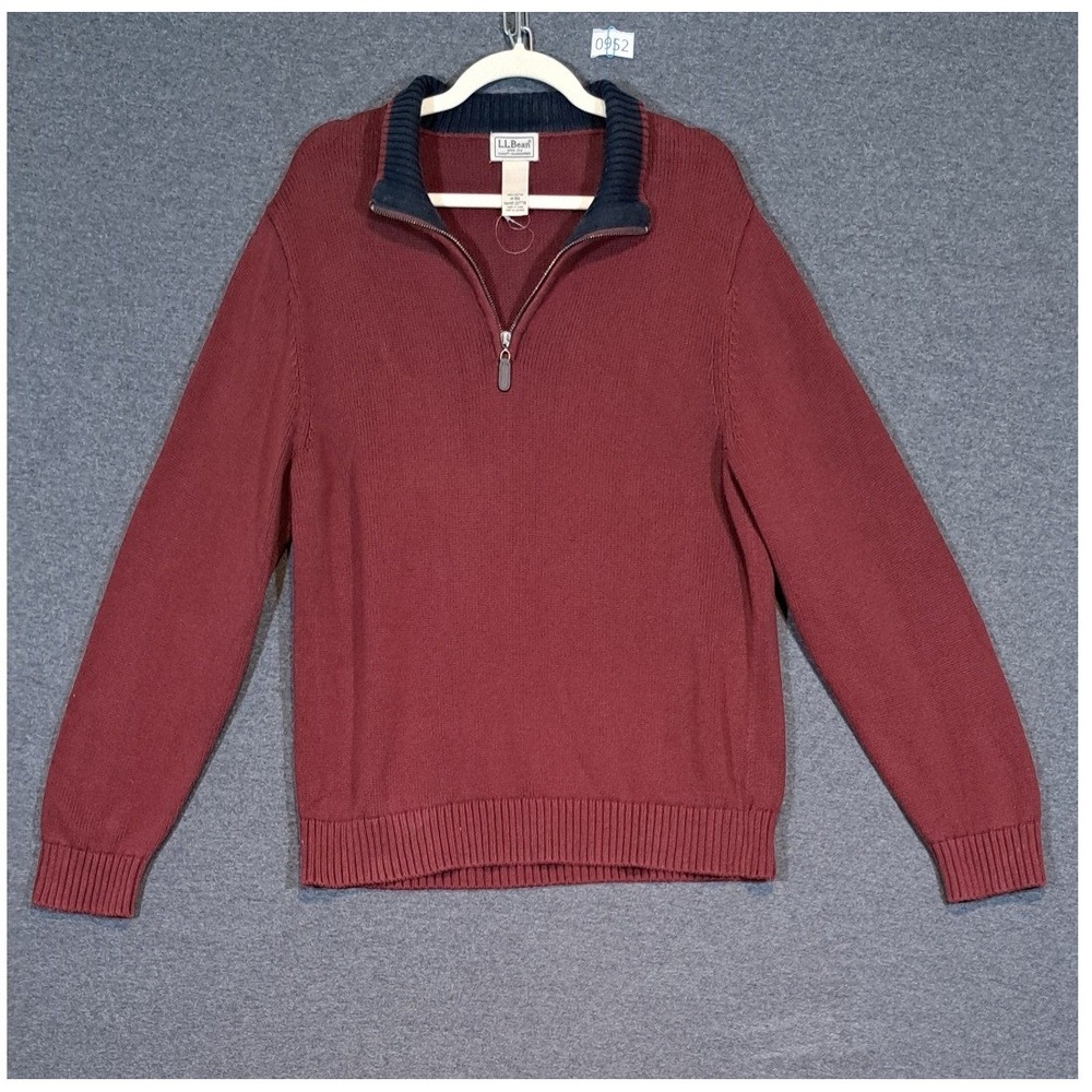 LL Bean Mens Medium Regular Burgundy 100% Cotton Quarter Zip Sweater 287736